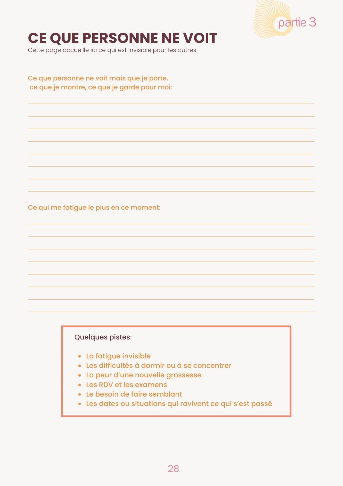 Page d'exemple du carnet DEPOSER- Carnet d'écriture après une grossesse arrêtée (70 pages)