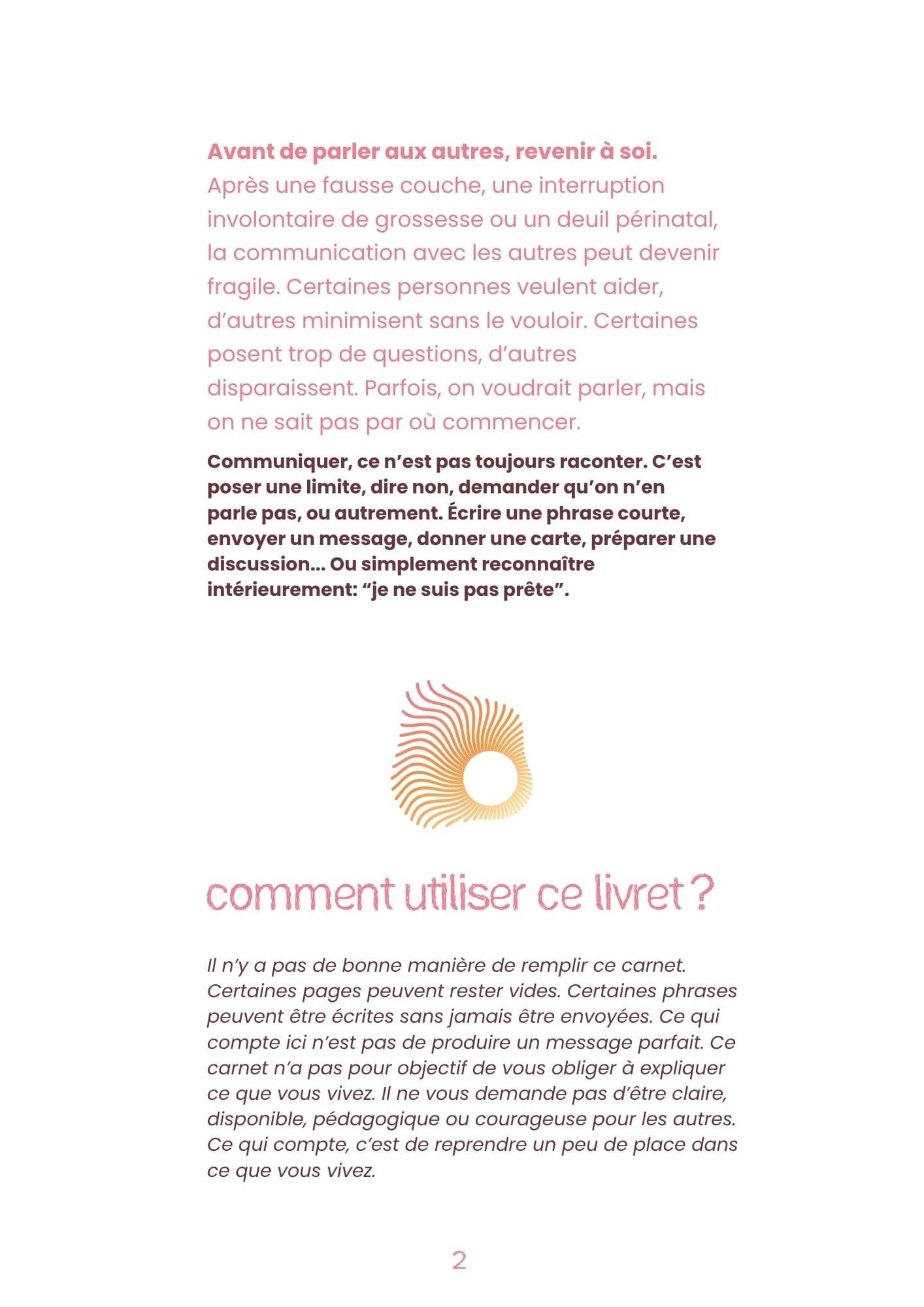 Page d'exemple du carnet COMMUNIQUER- Trouver les mots après une grossesse arrêtée (64 pages) 