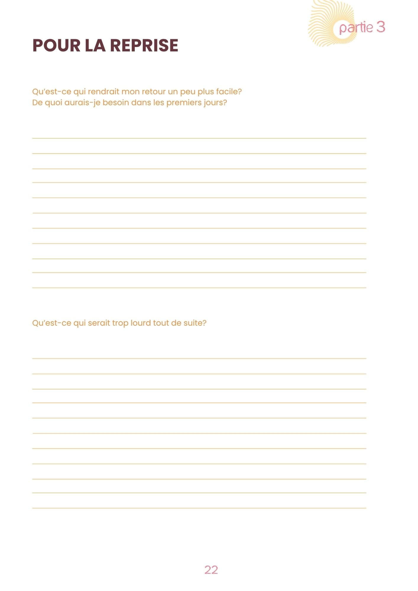 Page d'exemple du carnet REPRENDRE- Préparer son retour au travail après une grossesse arrétée (89 pages) 