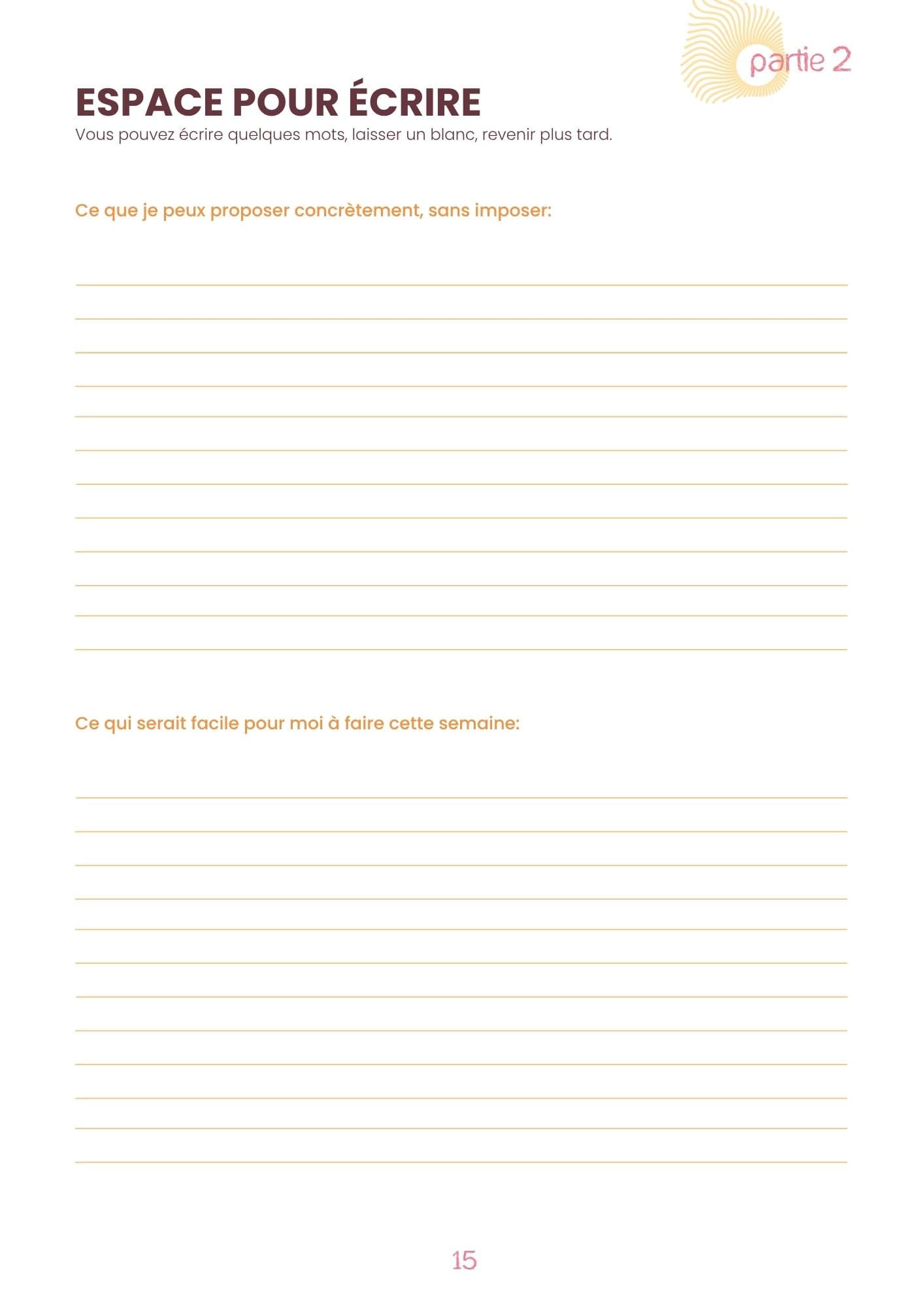Page d'exemple du carnet SOUTENIR- Accompagner une proche après une fausse couche (34 pages) 