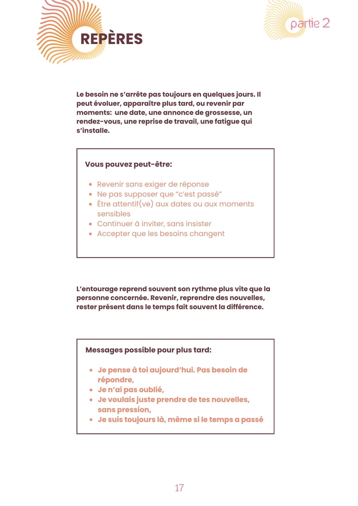 Page d'exemple du carnet SOUTENIR- Accompagner une proche après une fausse couche (34 pages) 