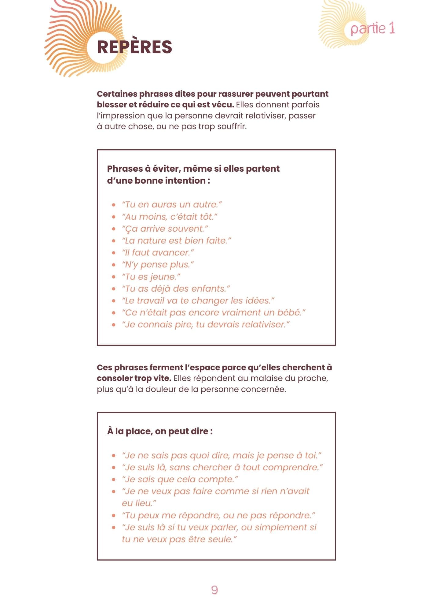 Page d'exemple du carnet SOUTENIR- Accompagner une proche après une fausse couche (34 pages) 